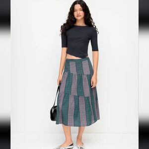 Cider Cotton Blend Tartan Midi Skirt- Green Burgundy & Navy